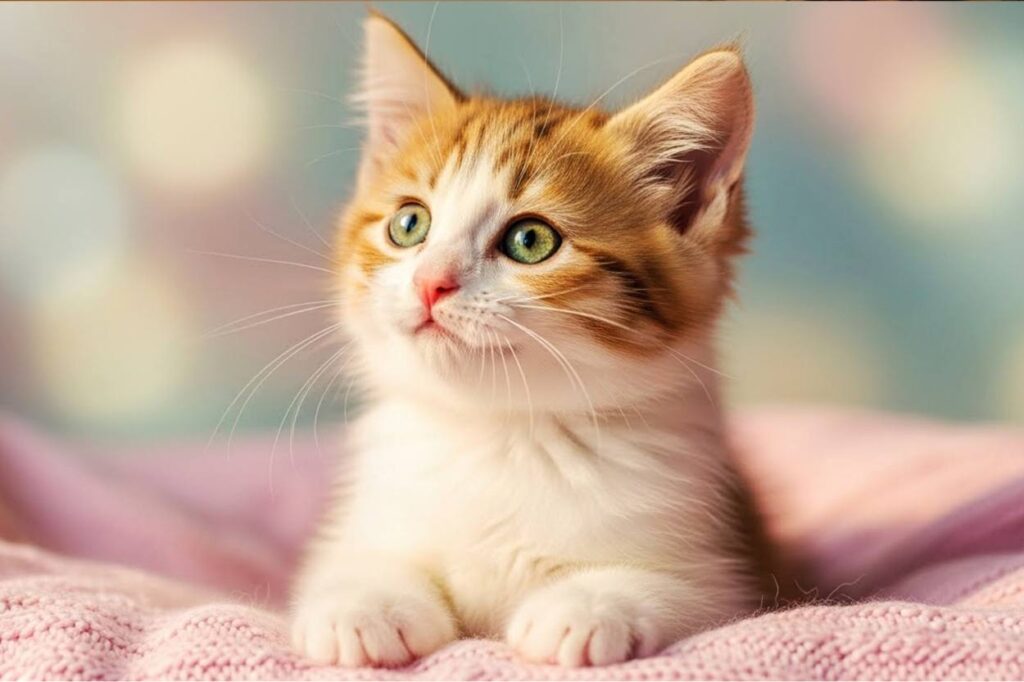 petit chaton mignon sur fond arc en ciel